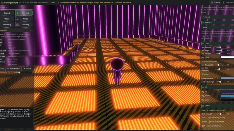 A space station built from three layers, with emissive animated materials