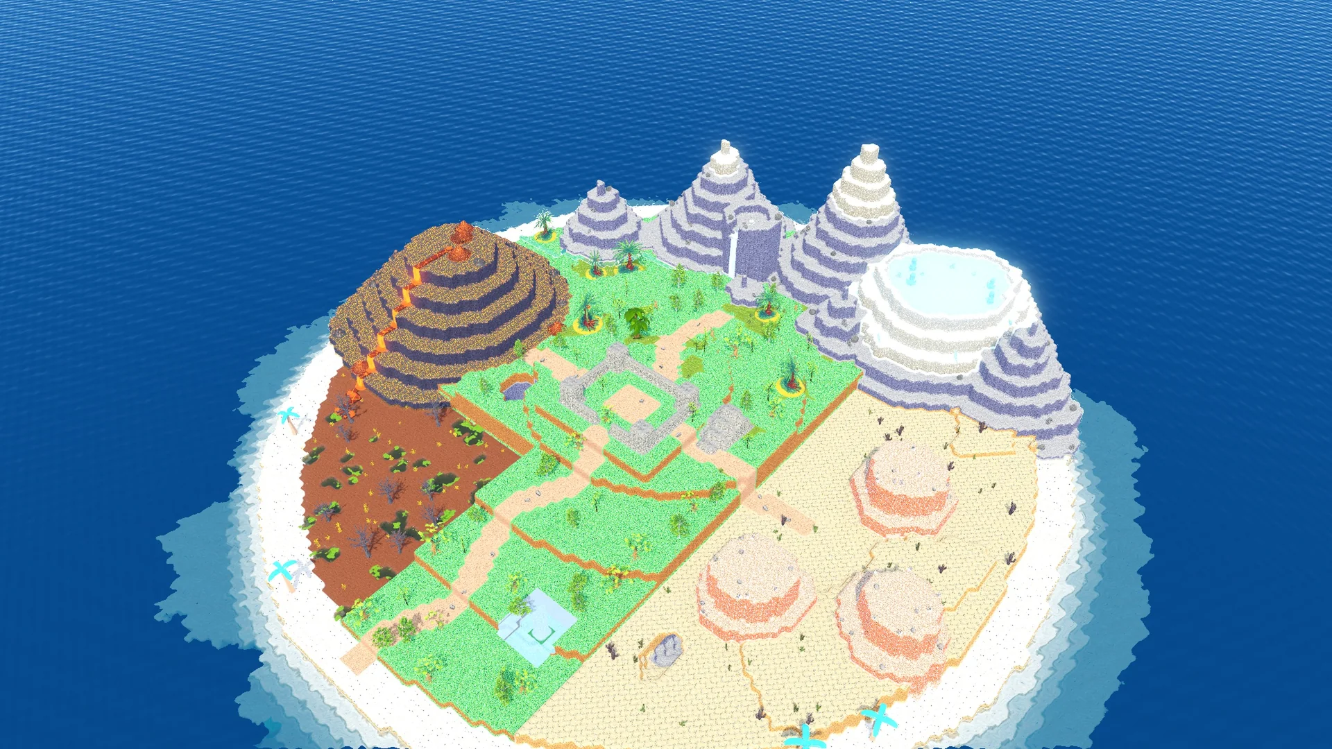 The Twelve Biomes example world painted in MarchingBlocks, with its caverns, a glass tunnel under the sea, waterfalls and a volcano