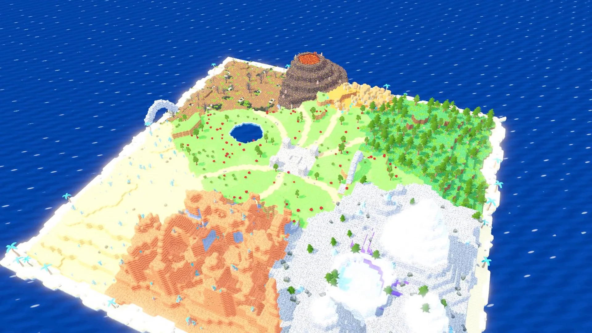 The Cartoon Island example world painted in MarchingBlocks, with its caves, cave entrances, waterfalls and rivers