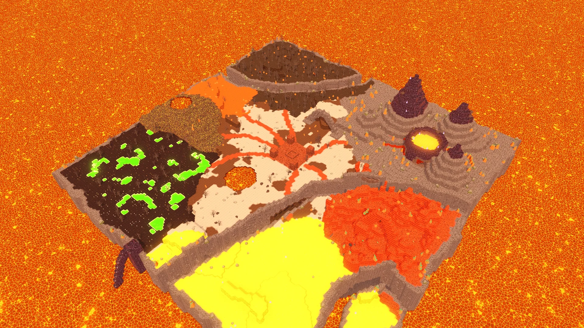 The Fire Lands example world painted in MarchingBlocks: a lava sea, basalt organs, sulfur dunes, magma geodes underground