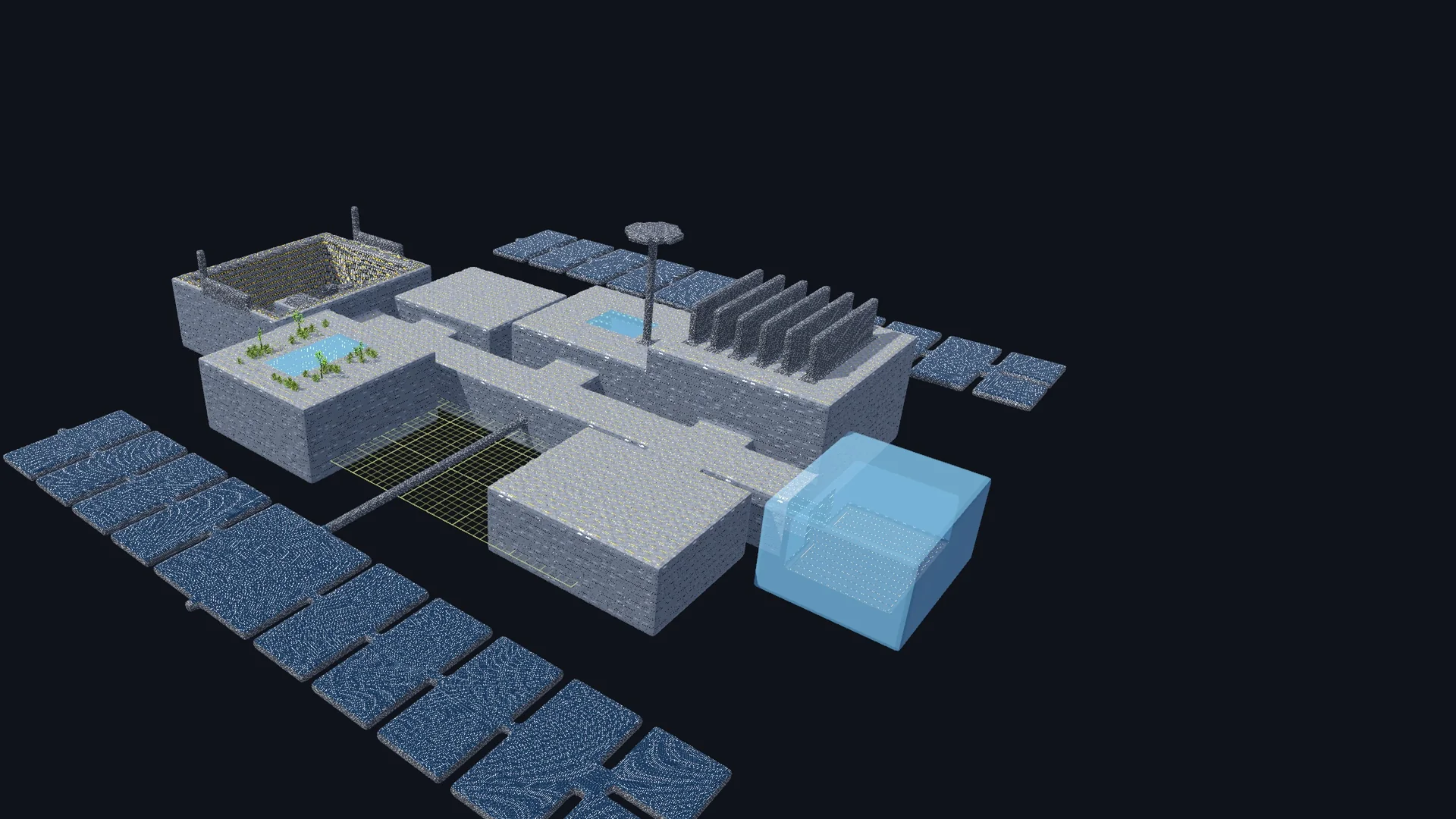 The Space Station example world built in MarchingBlocks, with its corridor, reactor, labs and hydroponics bay